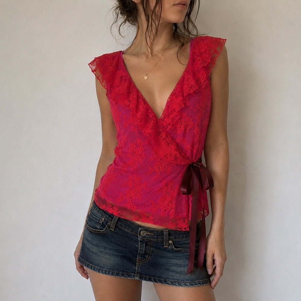 Tibi Y2K Cherry Red Lace Wrap Top Size 4 Dark Coquette Balletcore Whimsigoth